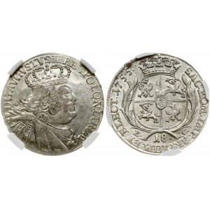Poland 18 Groszy 1755 EC Large Bust. August III(1733-1763). Obverse: Crowned bust right. Reverse: Crowned; round 4...