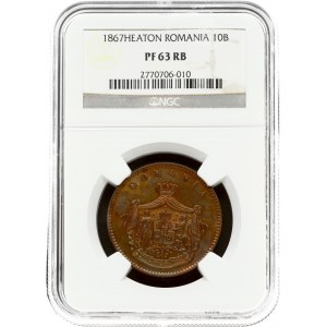 Romania 10 Bani 1867 HEATON. Carol I(1866-1914). Obverse: Crowned arms with supporters within crowned mantle. Reverse...