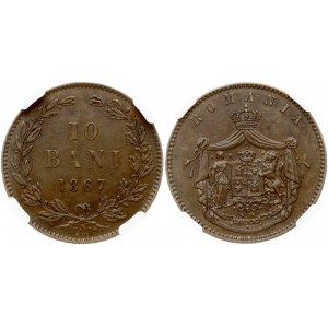 Romania 10 Bani 1867 WATT & CO. Carol I(1866-1814). Obverse: Crowned arms with supporters within crowned mantle...