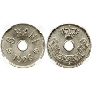 Romania 5 Bani 1906J Carol I(1866-1914). Obverse: Crown above banner and hole in center. Reverse...