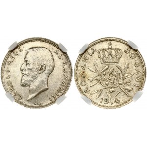 Romania 50 Bani 1914 Carol I(1866-1814). Obverse: Head left. Reverse: Crown above design. Edge Description: Reeded...