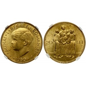 Romania 20 Lei 1930 Mihai I (1927-1947). Obverse: Young head left. Reverse: Figures holding hands divides value...