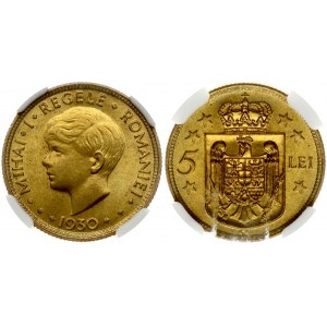 Romania 5 Lei 1930KN Mihai I (1927-1947). Obverse: Head left. Reverse: Crowned shield divides value flanked by stars...