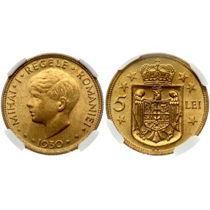 Romania 5 Lei 1930KN Mihai I(1927-1947). Obverse: Head left. Reverse: Crowned shield divides value flanked by stars...