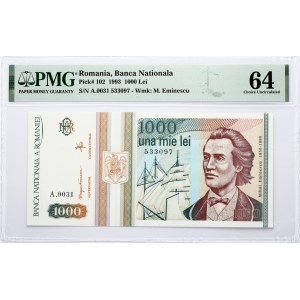 Romania 1000 Lei 1993 Banknote. Obverse: Coat of arms of Romania Mihai Eminescu. Lettering...