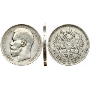 Russia 1 Rouble 1897 (^^) Brussels. Nicholas II (1894-1917). Obverse: Head left. Reverse: Crowned double...