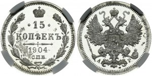 Russia 15 Kopecks 1904 СПБ-АР St. Petersburg. Nicholas II (1894-1917). Obverse: Crowned double...