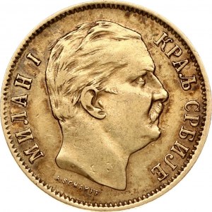 Serbia 10 Dinara 1882V Milan I(1882-1889). Obverse: Head right. Reverse: Value, date within crowned wreath. Gold 3.21g...