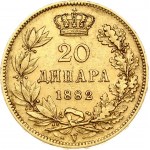 Serbia 20 Dinara 1882V Milan I (1882-1889). Obverse: Head right. Reverse: Value; date within crowned wreath...