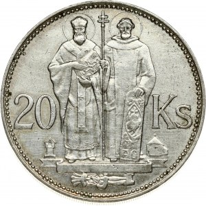 Slovakia 20 Korun 1941 St Kyrill and St Methodius. Obverse: Double cross on shield within sprigs. Reverse...