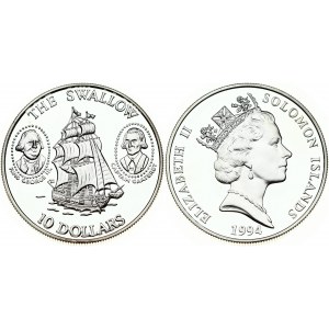 Solomon Islands 10 Dollars 1994 Sailing Ship 'Swallow'. Elizabeth II (1952-). Obverse...