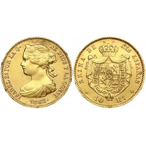 Spain 10 Escudos 1868 (68) Isabel II(1833-1868). Obverse: Draped laureate bust left. Obverse Legend: ISABEL 2.....