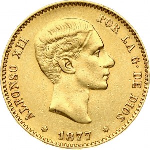 Spain 25 Pesetas 1877 (77) DE-M Alfonso XII(1874-1885). Obverse: Young head right. Obverse Legend: ALFONSO XII.....