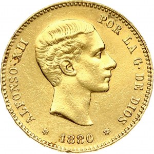 Spain 25 Pesetas 1880 (80) MS-M Alfonso XII(1874-1885). Obverse: Young head right. Obverse Legend: ALFONSO XII.....