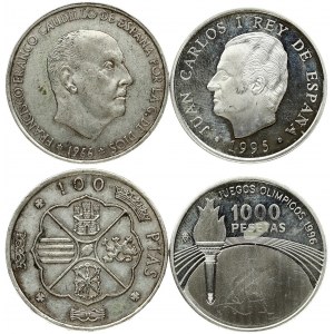 Spain 100 Pesetas 1966 & 1000 Pesetas 1995. Obverse: Head of Francisco Franco facing right surrounded by legend...