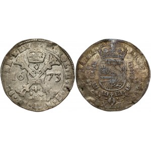 Spanish Netherlands BRABANT Patagon 1673 Brussels. Charles II (1665-1700). Obverse: St. Andrew's cross; crown above...