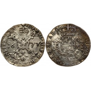 Spanish Netherlands BRABANT 1/2 Patagon 1677 Brussels. Charles II (1665-1700). Obverse: St. Andrew's cross; crown above...