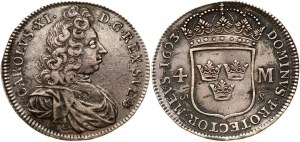 Sweden 4 Mark 1693 Charles XI (1660-1697). Obverse: Mature bust of Carl XI right. Reverse: Crowned shield divides value...