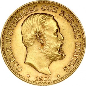 Sweden 10 Kronor 1901 EB Oscar II(1872-1907). Obverse: Large head right. Reverse: Crowned and mantled arms. Gold 4.47g...