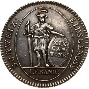 Switzerland Bern 1 Frank 1811. Obverse: Bear in crowned oval shield within sprigs above banner and date. Legend...