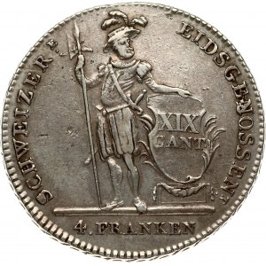 Switzerland Cantons Luzern 4 Franken 1814 Obverse: Crowned oval shield within palm sprigs. Obverse Legend...