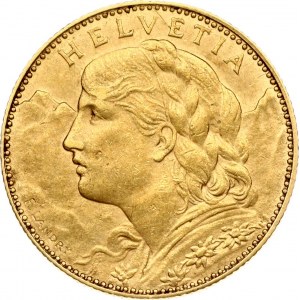 Switzerland 10 Francs 1912B Obverse: Young bust left. Reverse: Radiant cross above date and sprigs. Gold 3.21g...