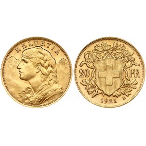 Switzerland 20 Francs 1922B Obverse: Young head left. Obverse Legend: HELVETIA. Reverse...