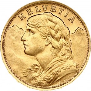 Switzerland 20 Francs 1922B Obverse: Young head left. Obverse Legend: HELVETIA. Reverse...