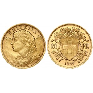 Switzerland 20 Francs 1927B Obverse: Young head left. Obverse Legend: HELVETIA. Reverse...