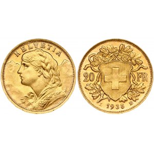 Switzerland 20 Francs 1935 LB Obverse: Young head left. Obverse Legend: HELVETIA. Reverse...