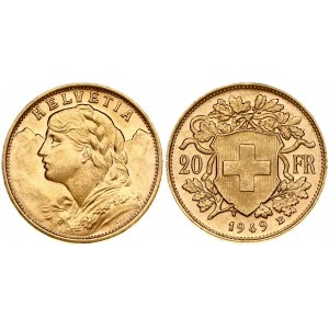 Switzerland 20 Francs 1949B Obverse: Young head left. Obverse Legend: HELVETIA. Reverse...