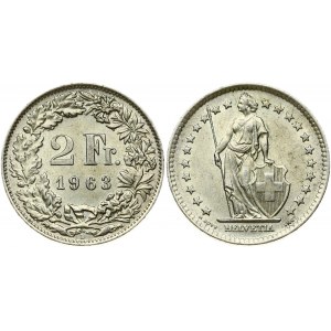 Switzerland 2 Francs 1963B Obverse: Standing Helvetia with lance and shield within star border. Reverse: Value...