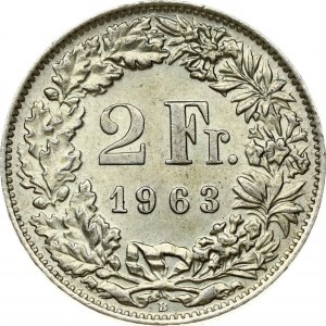 Switzerland 2 Francs 1963B Obverse: Standing Helvetia with lance and shield within star border. Reverse: Value...