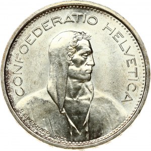 Switzerland 5 Francs 1966B Obverse: William Tell right. Reverse: Shield flanked by sprigs. Edge Lettering...