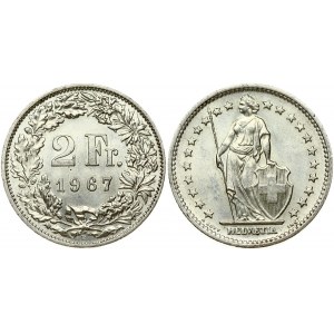 Switzerland 2 Francs 1967B Obverse: Standing Helvetia with lance and shield within star border. Reverse: Value...