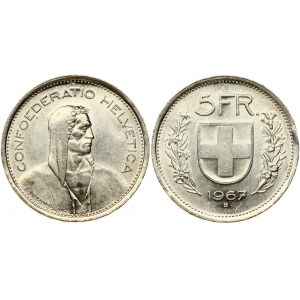 Switzerland 5 Francs 1967B Obverse: William Tell right. Reverse: Shield flanked by sprigs. Edge Lettering...