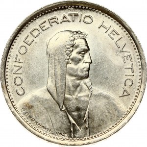 Switzerland 5 Francs 1967B Obverse: William Tell right. Reverse: Shield flanked by sprigs. Edge Lettering...