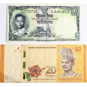 Thailand 1 Baht 1955 & Malaysia 20 Ringgit (2011-2016) Banknotes. Obverse...