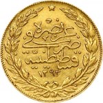 Turkey 100 Kurush 1293//34 Abdul Hamid II.(AH 1293-1327/1876-1909 AD). Obverse: Toughra; 'el-Ghazi' to right. Reverse...