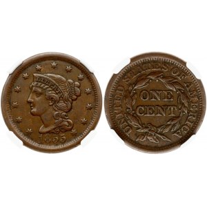 USA 1 Cent 1855 Upright 55 'Liberty Head/Braided Hair Cent' Philadelphia. Obverse: Portrait of Liberty left; date below...