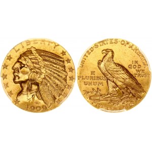 USA 5 Dollars 1909-D'Indian Head - Half Eagle' Denver. Obverse: Indian head wearing a war bonnet...