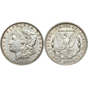 USA 1 Dollar 1921D 'Morgan Dollar' Denver. Obverse legend: E. PLURIBUS. UNUM // (DATE). Obverse description...