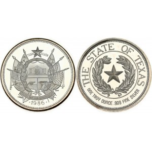 USA 1 Oz Silver 1986 State of Texas. Obverse: Alamo in center surrounded by the six flags that flew over Texas...