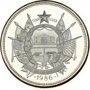 USA 1 Oz Silver 1986 State of Texas. Obverse: Alamo in center surrounded by the six flags that flew over Texas...