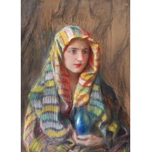 Teodor AXENTOWICZ (1859-1938), Dziewczyna w wielobarwnej chuście z wazonem, ok. 1925
