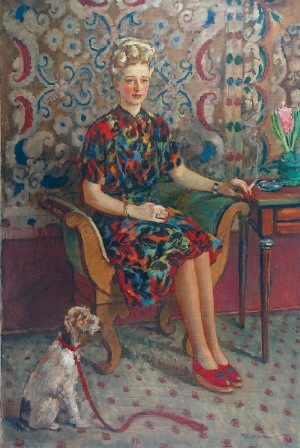 Józef MEHOFFER (1868-1946), Portret kobiety z pieskiem na czerwonej smyczy
