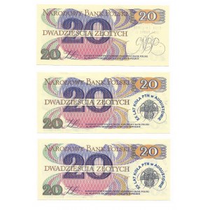 Zestaw PRL, 3 x 20 złotych 1982 (seria AU, AM, AH) z nadrukami okazjonalnymi