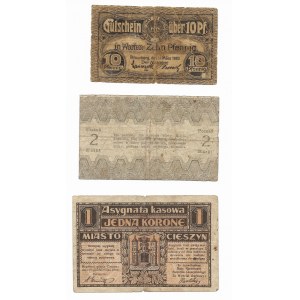 Zestaw 3 banknotów (znaczek wartościowy 10 fenigów Bydgoszcz 1920, 2 marki Poznań 1919, 1 korona Cieszyn 1919)