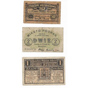 Zestaw 3 banknotów (znaczek wartościowy 10 fenigów Bydgoszcz 1920, 2 marki Poznań 1919, 1 korona Cieszyn 1919)