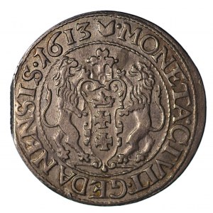 Zygmunt II Waza, ort 1613, Gdańsk, kropki przy krzyżu nad herbem miasta;